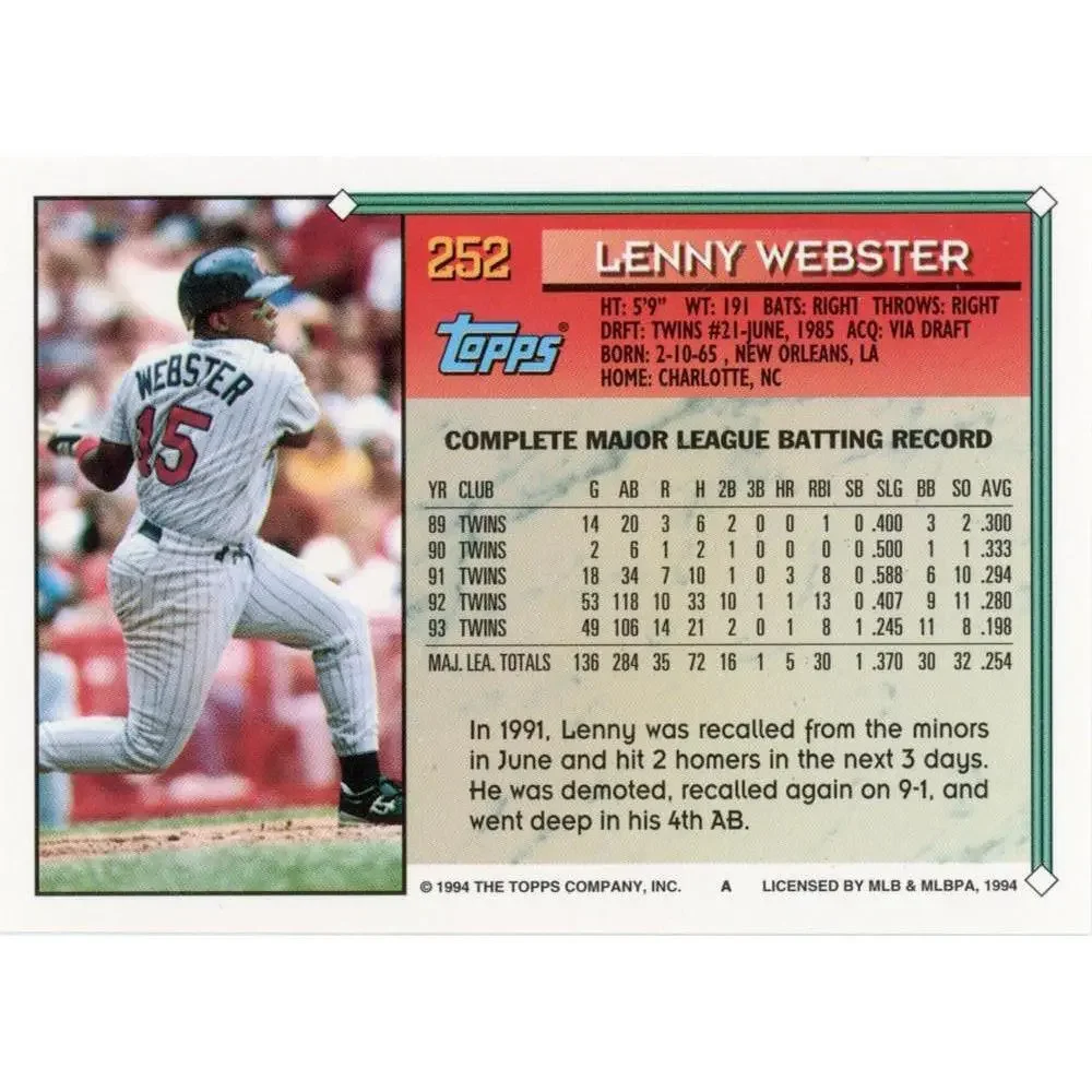 1994 Topps Lenny Webster # 252 Minnesota Twins